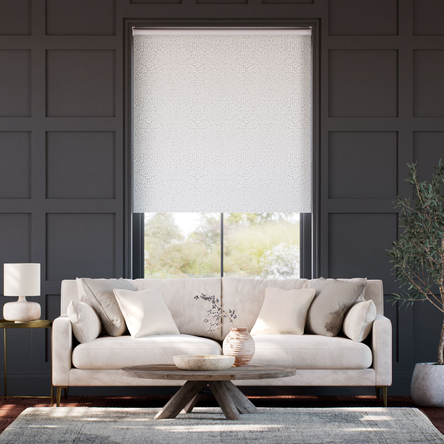 電動 ウィリアム・モリス いちご泥棒 アイボリー ジャガード織 ロールスクリーン